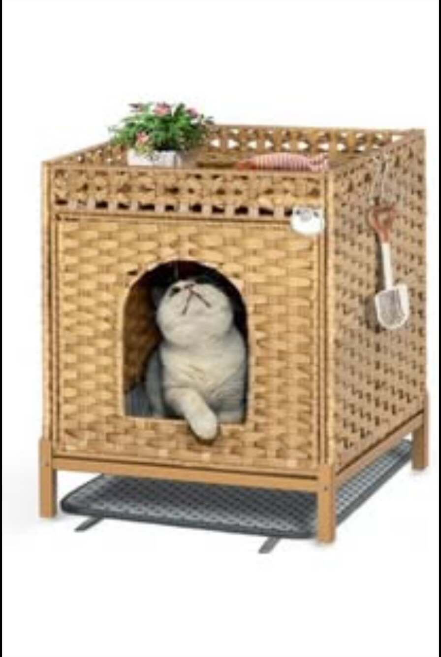Cat Litter Box Enclosure Furniture, Hidden Handwoven Rattan Litter Box